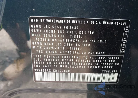 2019 Volkswagen Tiguan 2.0T Se/2.0T Sel/2.0T Sel R-Line/2.0T Sel R-Line Black from USA, damaged, VIN 3VV2B7AX1KM177830